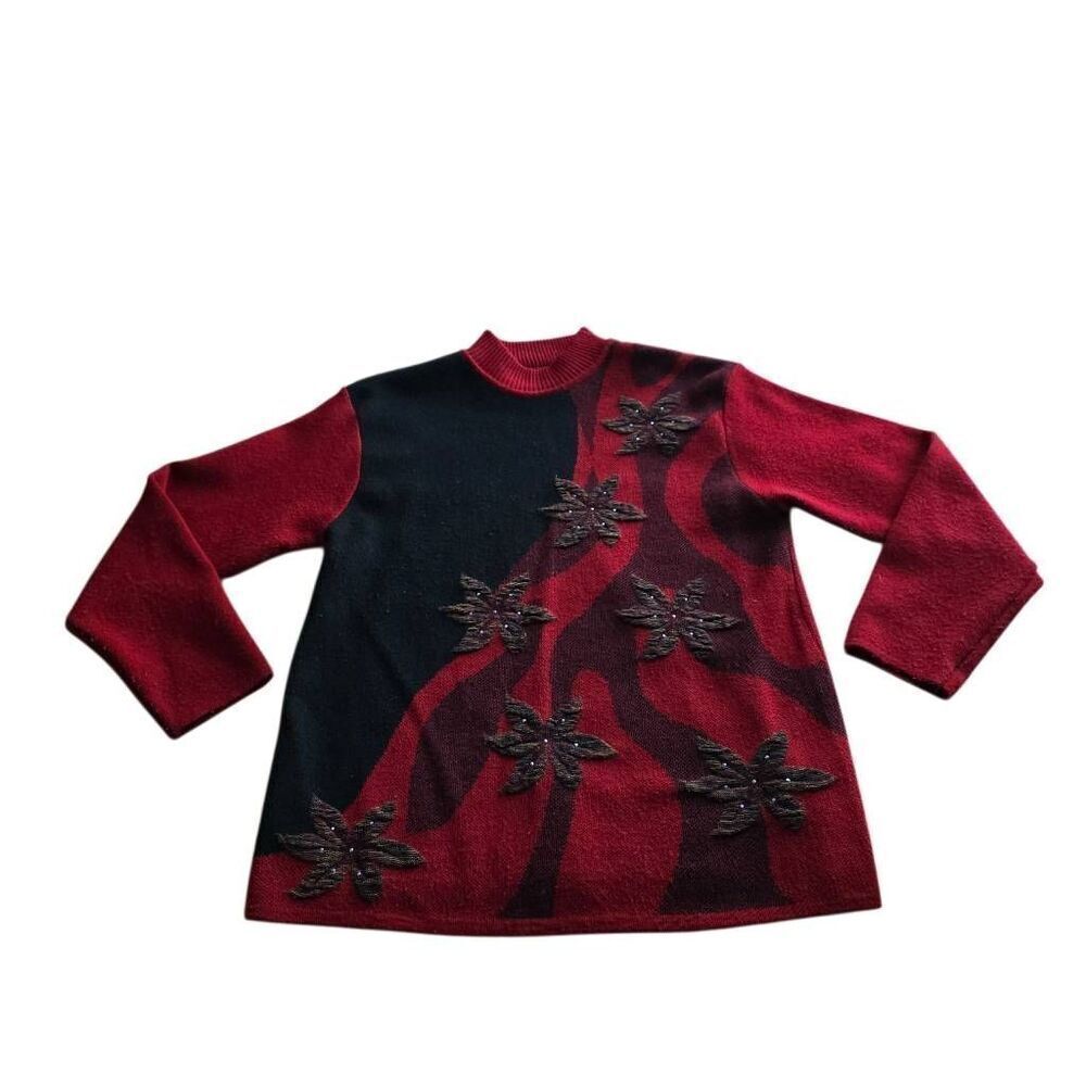 Vintage Christmas sweater red black floral embellished fits Sz S/M